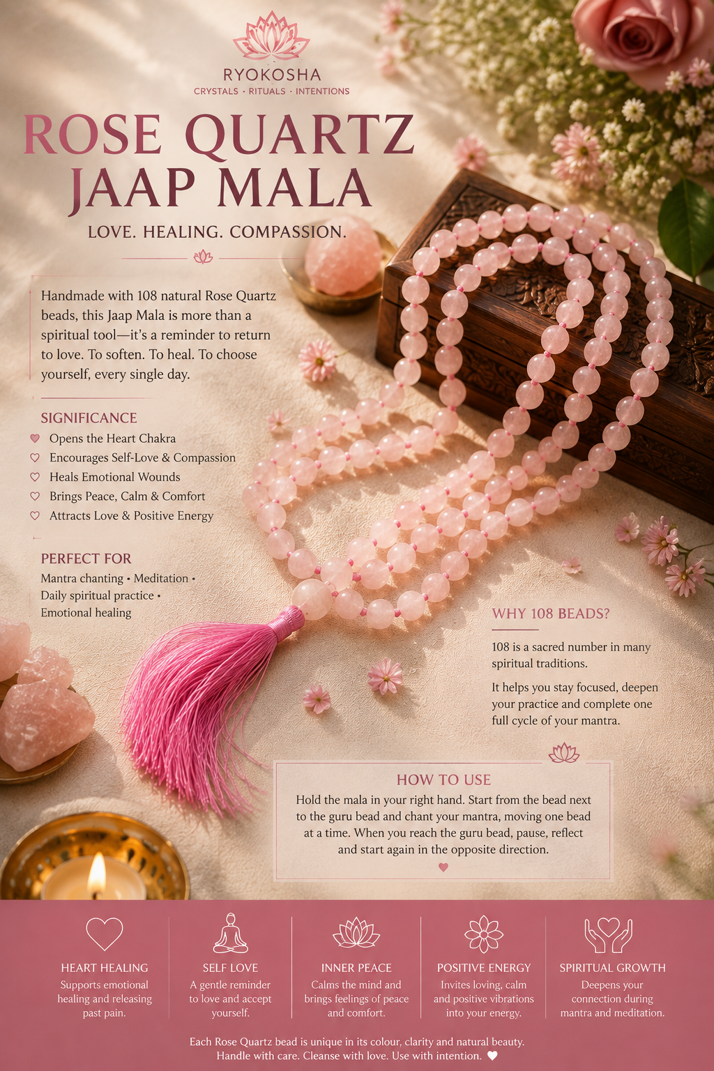 Rose Quartz Jaap Mala – 108 Beads