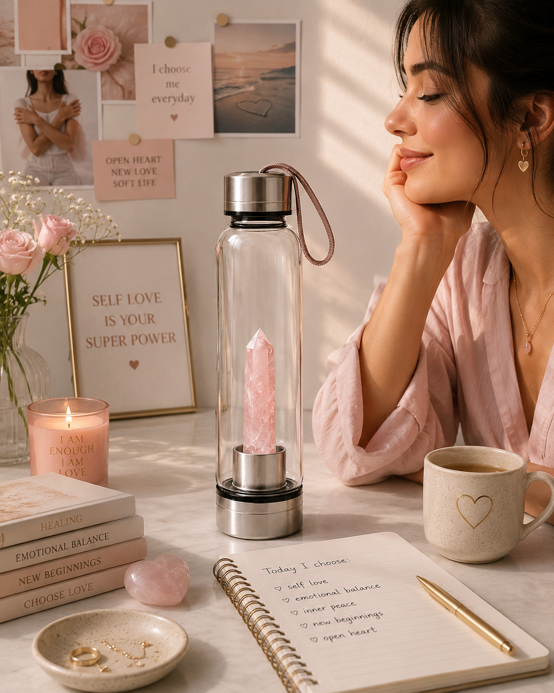 Rose Quartz Crystal Water Bottle
